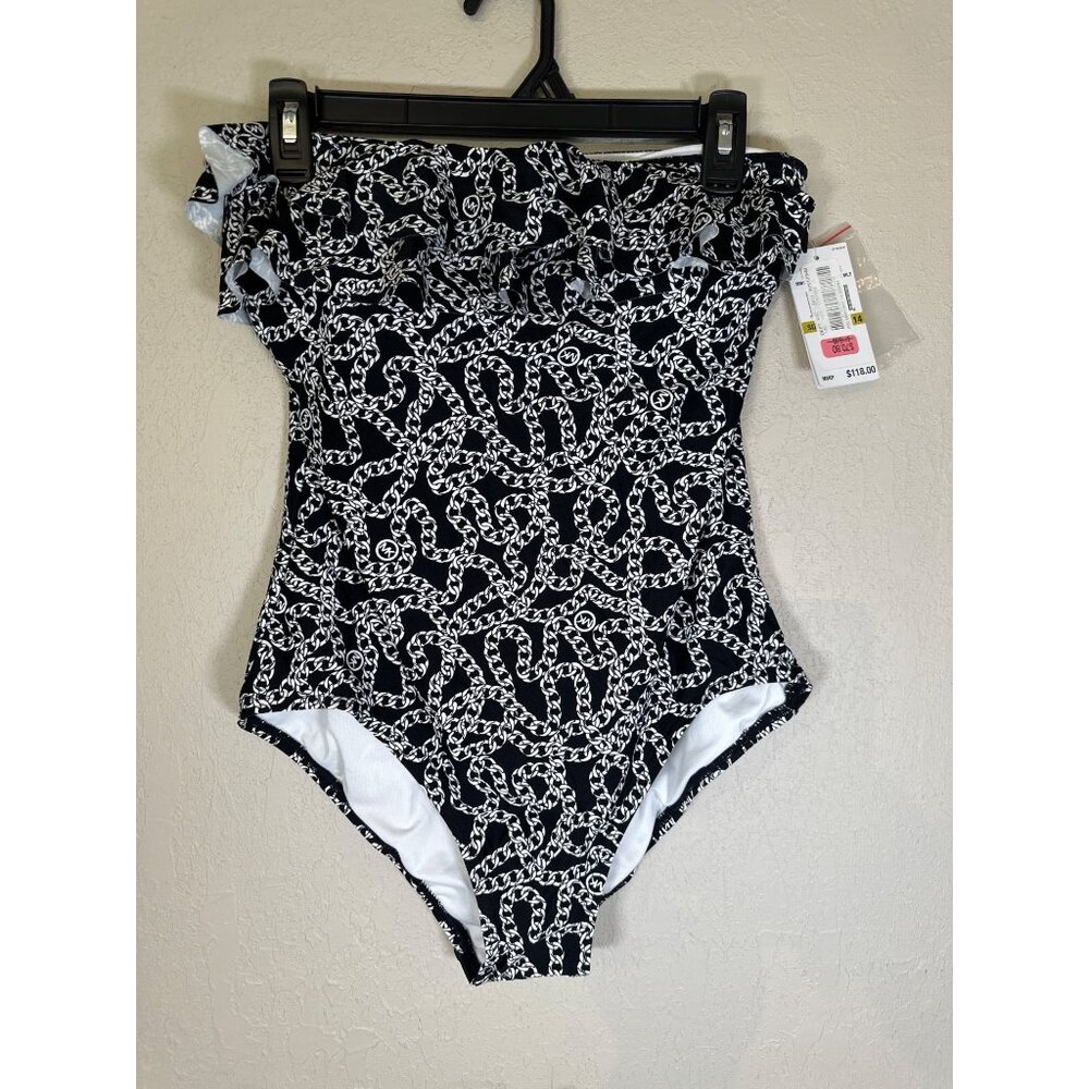 Michael Kors Chain Logo Print Ruffle Bandeau One Piece Swimsuit- NWT No Strap Si
